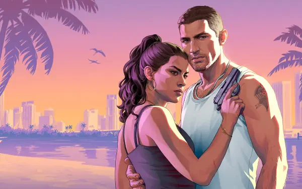 Ilustrasi Jason dan Lucia, dua protagonis GTA VI, dengan latar kota Vice City saat senja