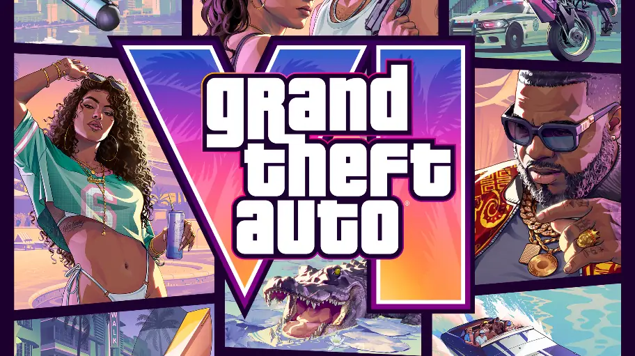 Sampul resmi Grand Theft Auto VI (GTA VI) dengan logo VI dan ilustrasi para karakter