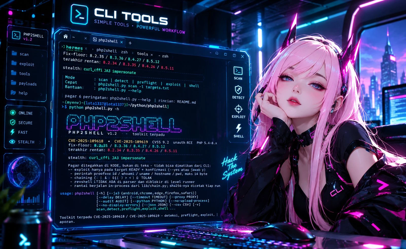 Panel CLI Tools PHP2SHELL di ruang cyberpunk neon