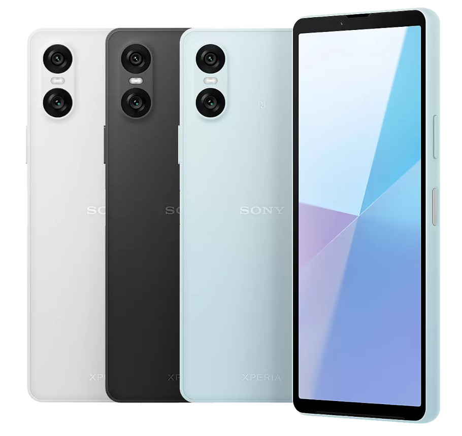 Sony Xperia 10 VI dalam tiga pilihan warna, tampak depan dan belakang